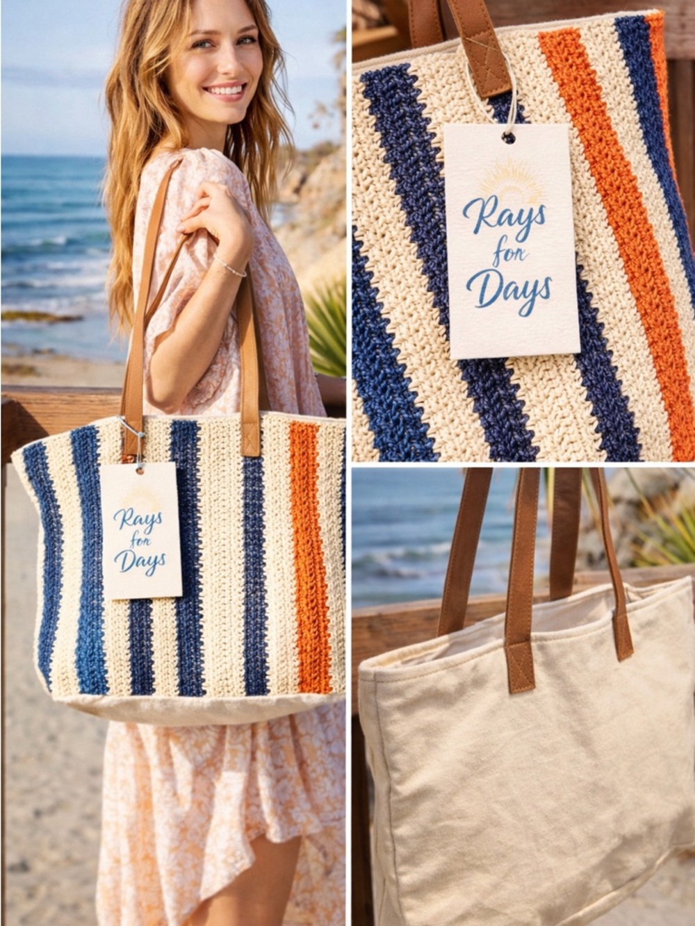 Rays for Days Striped Crochet Beach Tote Boho Coastal Large Bag